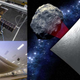 El CubeSat (arriba a la izquierda), la vela (abajo a la izquierda) y la impresión de un artista del explorador NEA en 2020 GE